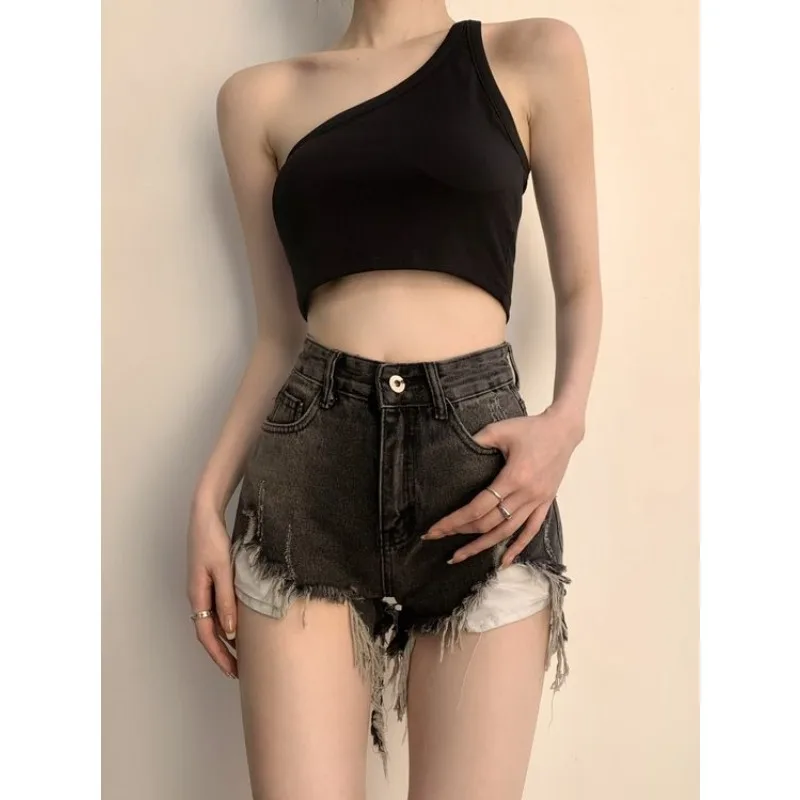 

Washed Rough Edge Ripped Denim Shorts Women Jean Hot Pants Loose Straight High Waist Thin Wide Leg Pants Booty Shorts