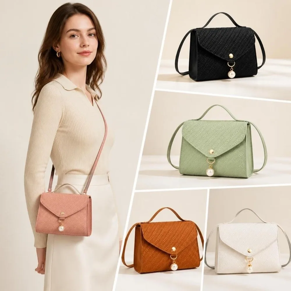 Sweet PU Leather Crossbody Bag Adjustable Shoulder Strap Pearl Bead Square Bag Small Shoulder Bag Daily Use