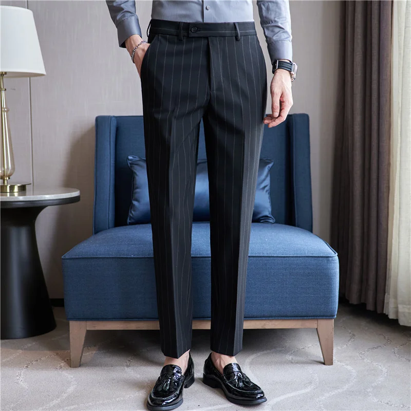 England Style Men's Casual Striped Suit Pants Stretch Business Long Slim Fit Trousers Black Blue Pencil for Man