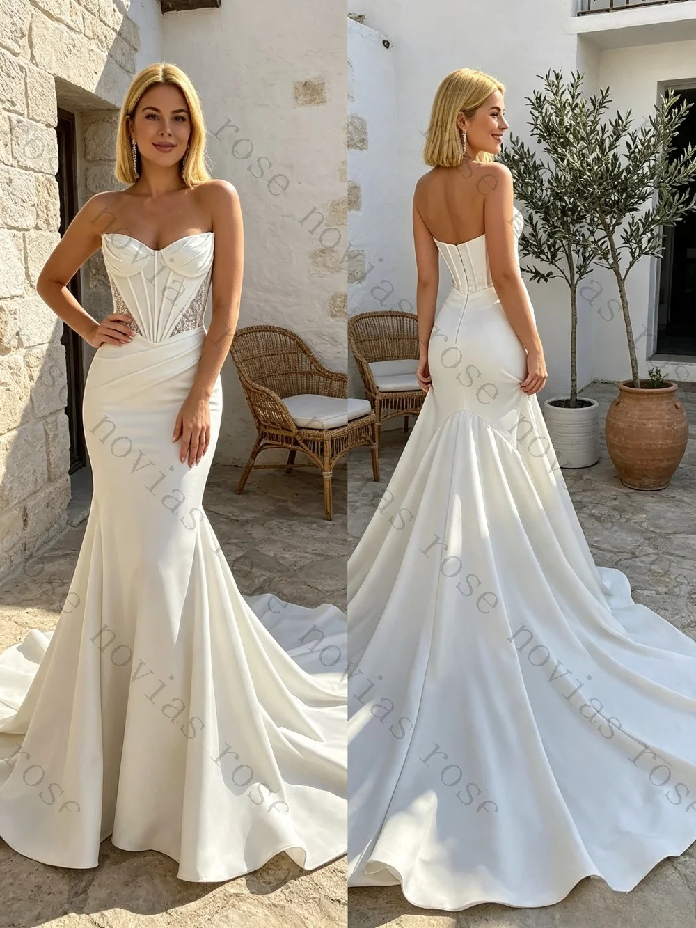 Customized 2026 Luxury Satin Mermaid Wedding Dress Strapless Corset Bodice Lace Detail Long Train Bridal Gown Sexy Backless