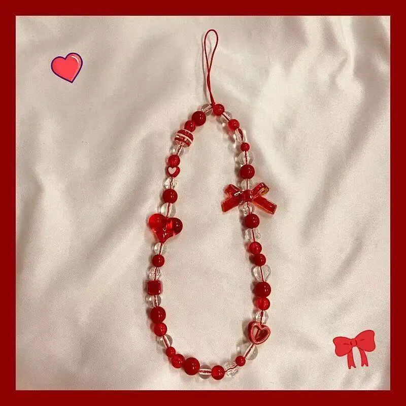 

Sweet Cool Red Heart Bow Phone Charm, New Year Festive Beaded Pendant, Kawaii Anti-lost Strap for Phone & Bag