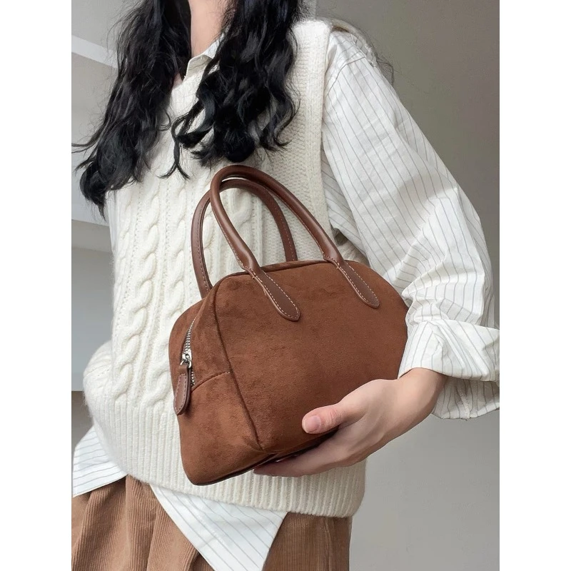 

Niche Design Suede Boston Retro Handbag Texture Bowling Bag for Women 2023 New Autumn and Winter