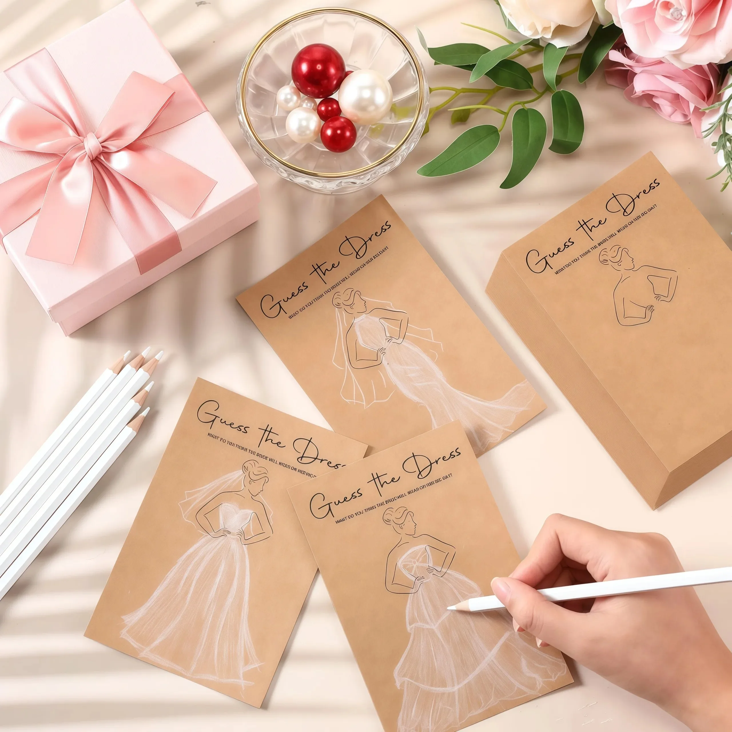 Guess The Dress Game Cards Kraft Paper Bridal Shower Drawing Game with Pencils for Bachelorette Wedding Party Interactive Decor