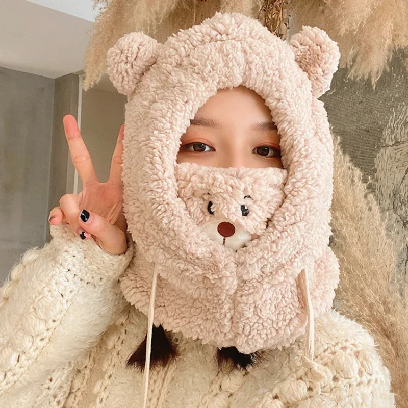 Lamb Beanie Hats Winter Cartoon Hat With Mask Bear Ear Warm Thickened Ear Protection Skullies Beanies for Women Girl Kawaii