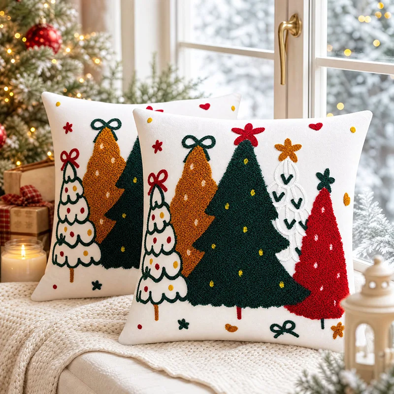 Nordic Colorful Christmas Tree Pillow Cover – New Holiday Living Room Sofa Cushion Case, No Insert Included