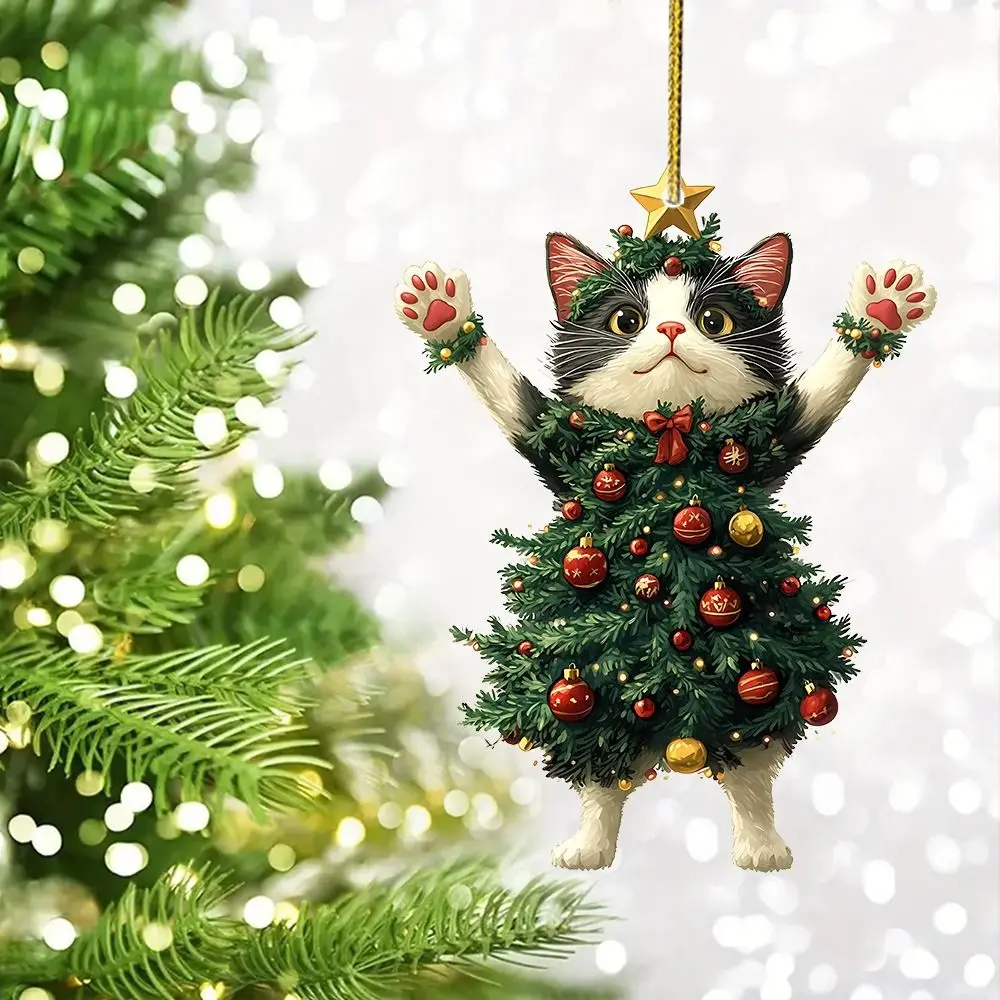 

2D Christmas Cat Pendant Acrylic Cartoon Xmas Tree Ornaments Xmas Black Cat Pendant Decorative Cat Hanging Ornaments