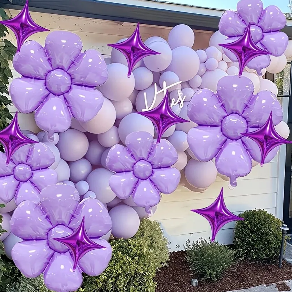 Leuchtend lila Macaron-förmige Gänseblümchen- und vierzackige Stern-Folienballons für Geburtstag, Schulanfang, Valentinstag