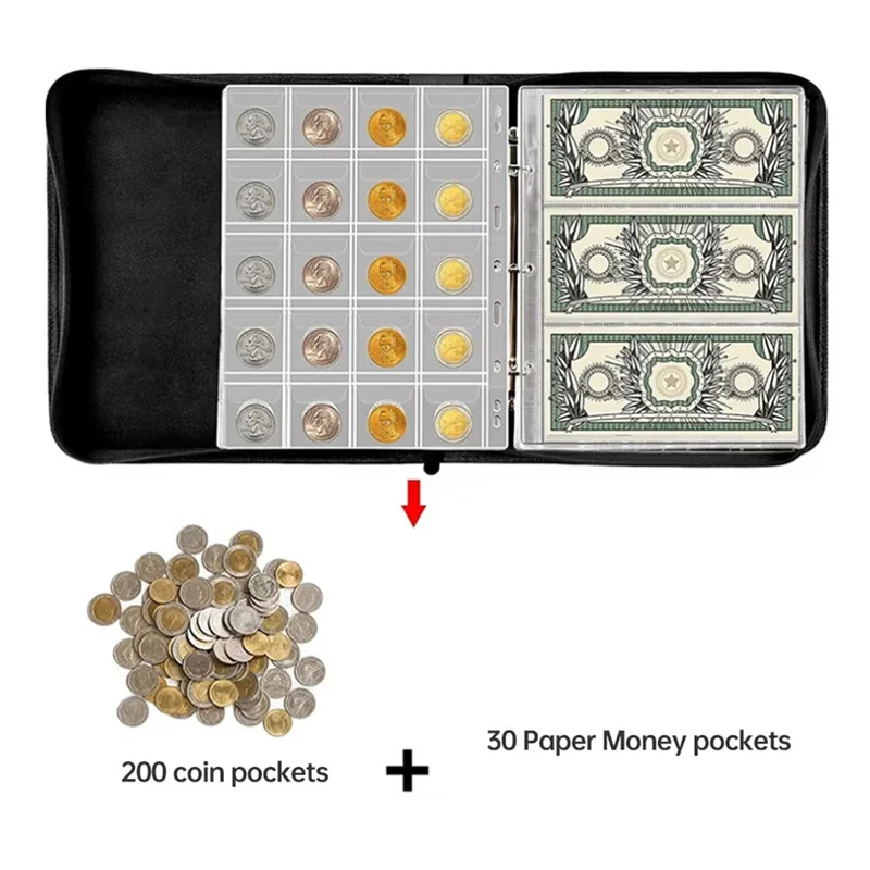 NOCM Portable Coin Collection Set 200 Panels Pvc Transparent Loose-Leaf Philatelic Book Album With Zipper Protection