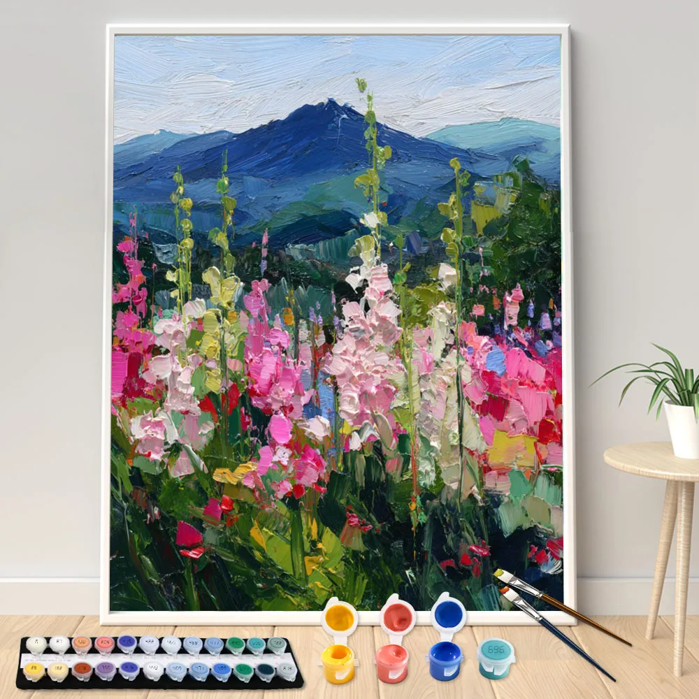 Digitales Acrylmalset zum Selbermachen: Blühende Blumen am Fuße der Kunstleinwand, handgemalte Heimdekoration, personalisiertes Überraschungsgeschenk