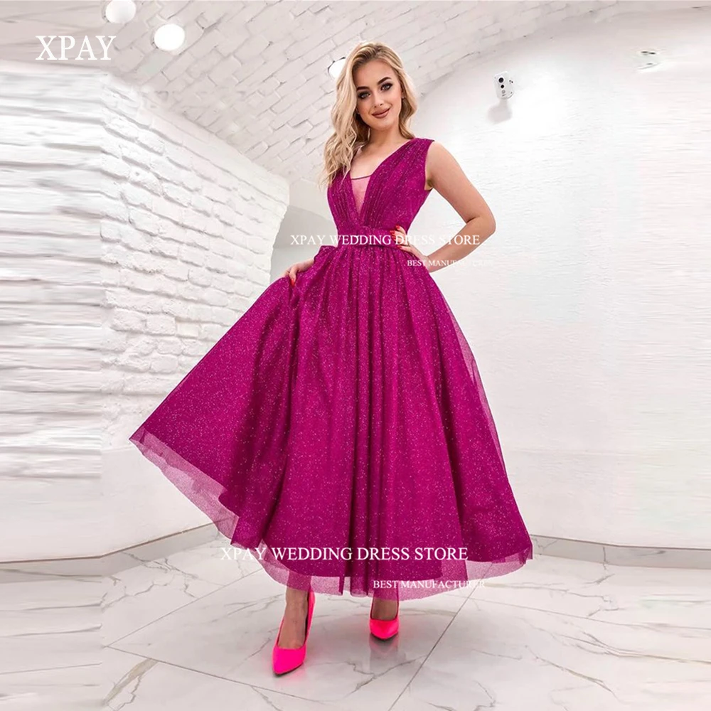 

XPAY New Gorgeous Sequins Prom Dresses Short Sleeves Ankle-Length V-Neck Belt Dubai Arabia Evening Gowns Cocktail Party Dress