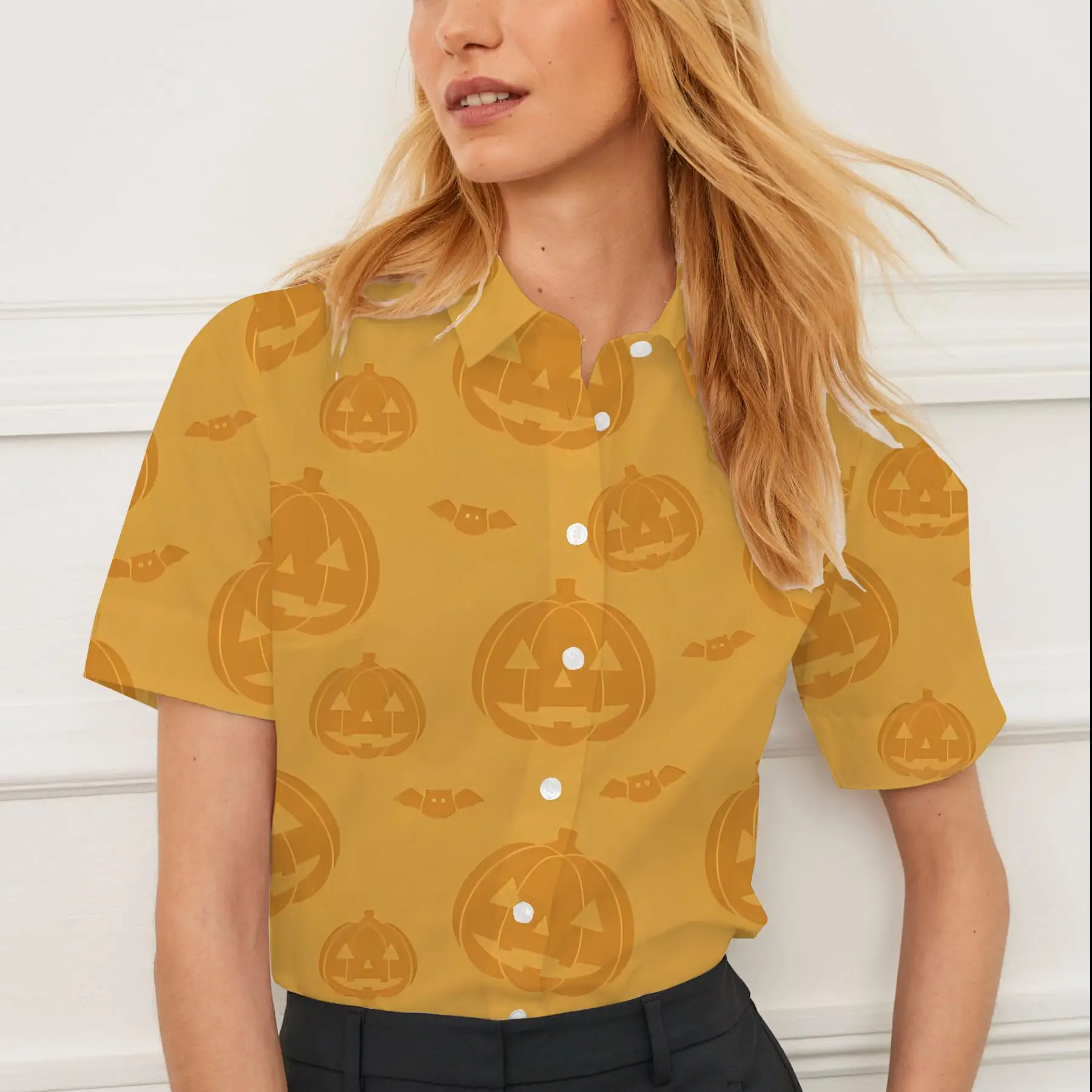 Summer women's shirt casual short sleeve lapel Christmas pumpkin pattern print women's top personality fashion women's clothing