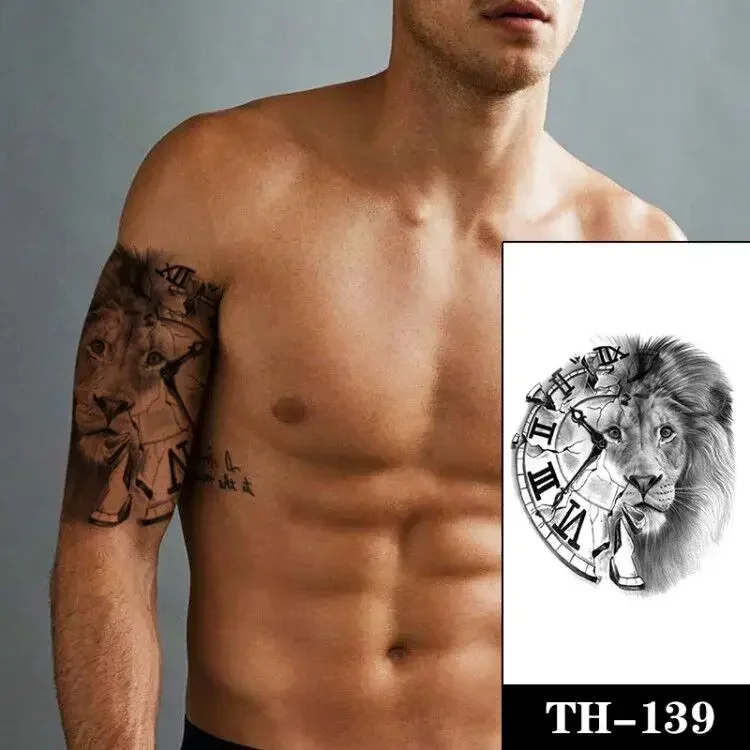 Large Size Lion Head Clock Letters Tattoos for Men Stickers Body Arm Art Waterproof Temporary Tattoo Flash Fake Tatoos for Women