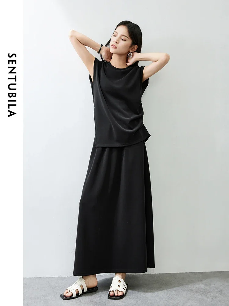 

SENTUBILA Summer Black Skirts Set Women Outfits 2025 Split Sleeveless Top Elastic Waist Maxi Skirt Casual Women's Suit 142Z54111