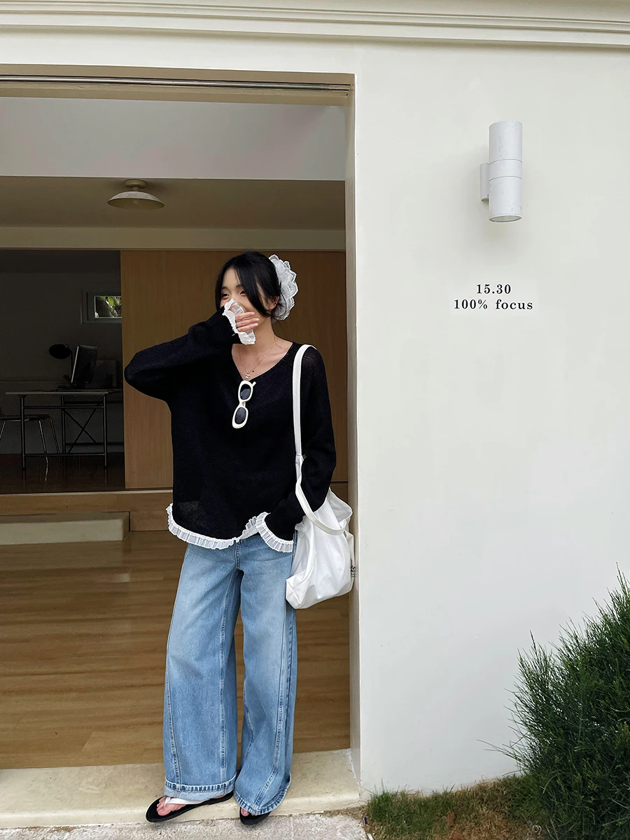 

Женский свободный вязаный свитер с длинными рукавами, коллекция ранняя весна 2025, в корейском стиле, с кружевными вставками, удобный, дышащий топ