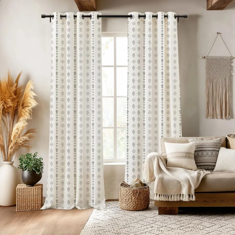 

Modern Farmhouse Curtains for Living Room Bedroom 2024Sheer Linen Flowy Cream Black Boho Floral Shabby Chic Curtains for Dining