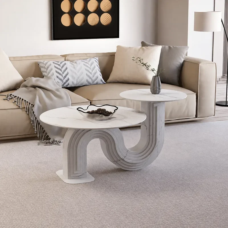 Modern Curved Water Pipe Rock Slab Coffee Table High Low Side Table for Living Room Corner Small Apartment Balcony Minimalist