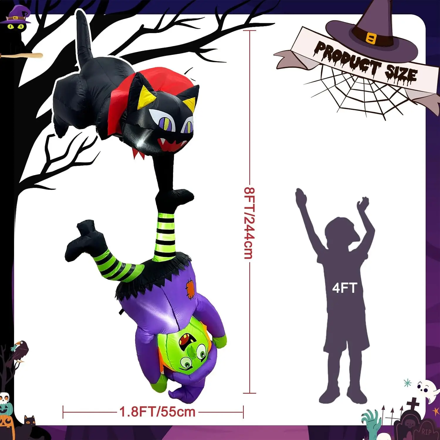 8 FT Hanging Halloween Inflatables Outdoor Decorations Black Cat and Witch | Funny Halloween Blow Up Yard Decorations, Self-infl