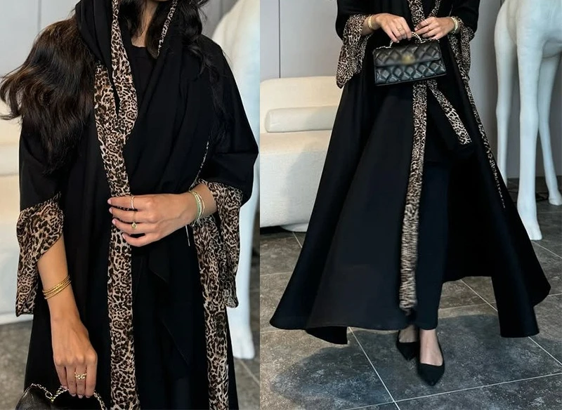 

2025 Autumn New Coat with Unique Leopard Print Patchwork Fashion Long Robe and Headscarf Two-Piece Set