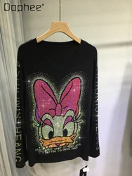 Heavy Industry Hot Diamond Cartoon Bottoming Shirt Round Neck Cute Duck Round Neck Long Sleeve Top Autumn Wear Black T Shirt