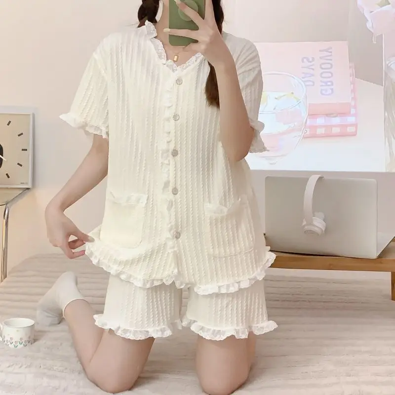 

Candy Color Pajamas Women's Summer Short-sleeve New Lace Large Size Thin Cardigan Loungewear Set Sweet Kawaii Girl Home Clothes