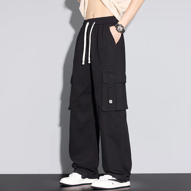 

2025 Spring Autumn Boys Casual Pants Black Straight 100% Cargo Pants Men Outdoor Long Trousers Youth Pants Multi-Pockets Stripes