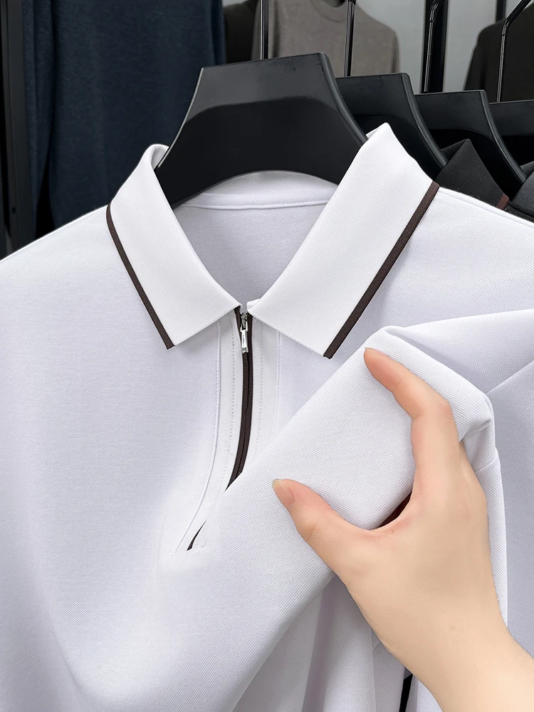 High quality fashion long sleeve men\'s polo shirt autumn half zipper striped high-end design golf top business casual T-shirt