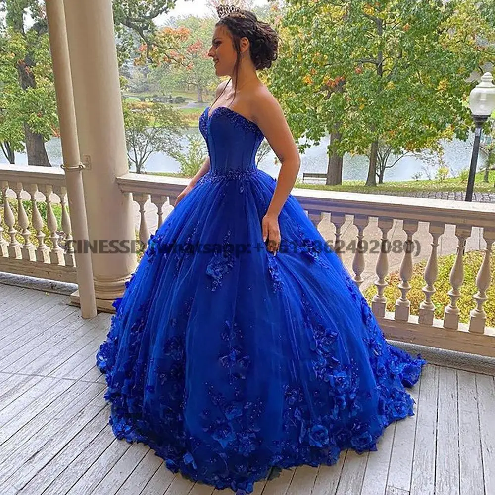 

Royal Blue Sweetheart Sleeveless Ball Gown Quinceanera Dresses Mexican Beading Handmade Flowers Vestido De 15 Anos Sweet 16