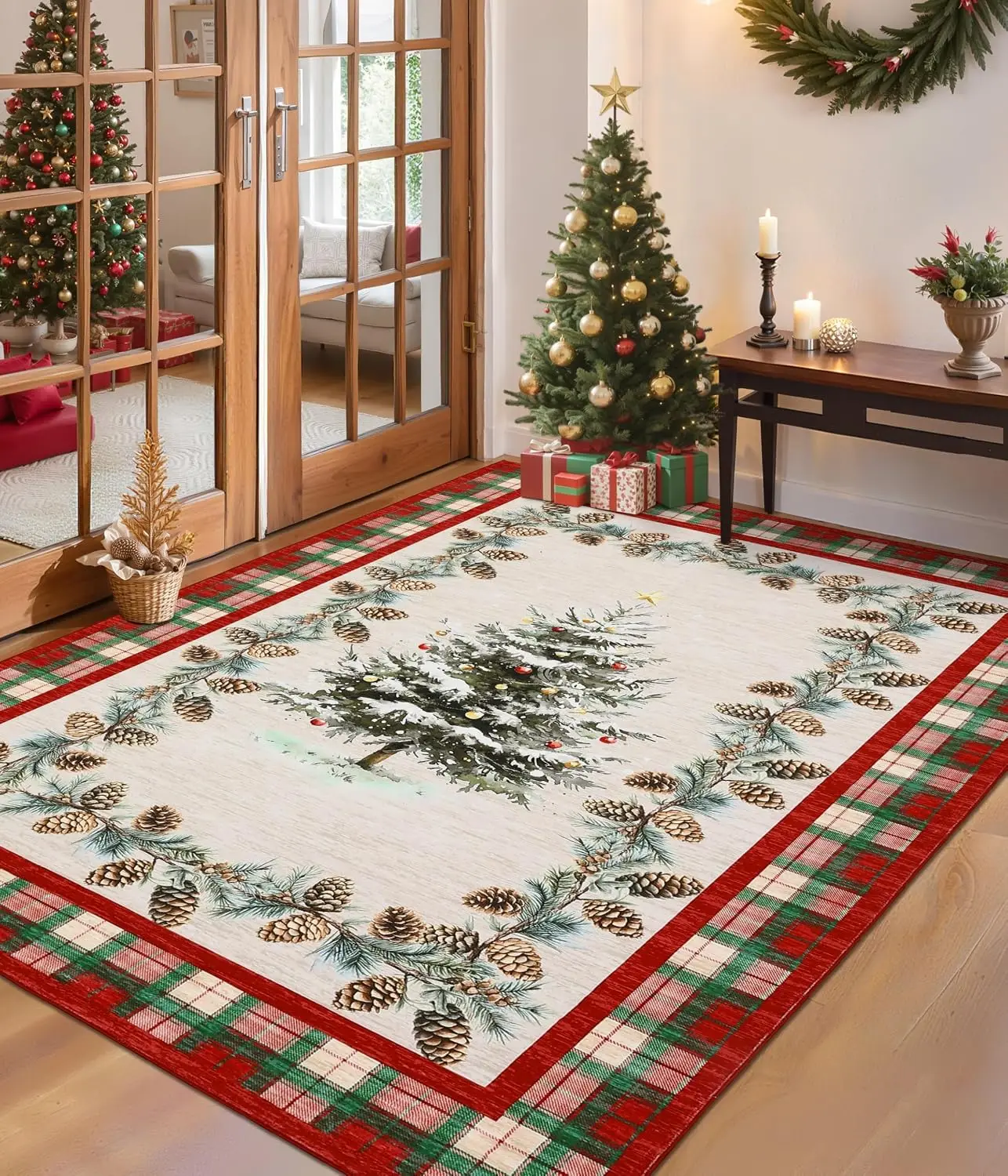 1pc 2D Flat Off White Background Christmas Tree Pine Cone Plaid Border Printed Floor Mat, Decorative Rug for Living Room