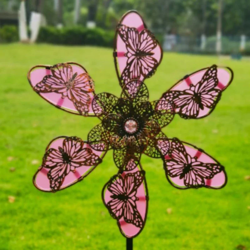 Ferro Arte Luminosa Moinho De Vento, Jardim Terra Inserida Pinwheel, Outdoor Rotatory Moinho De Vento, Pátio Jardim Artesanato Ornamento