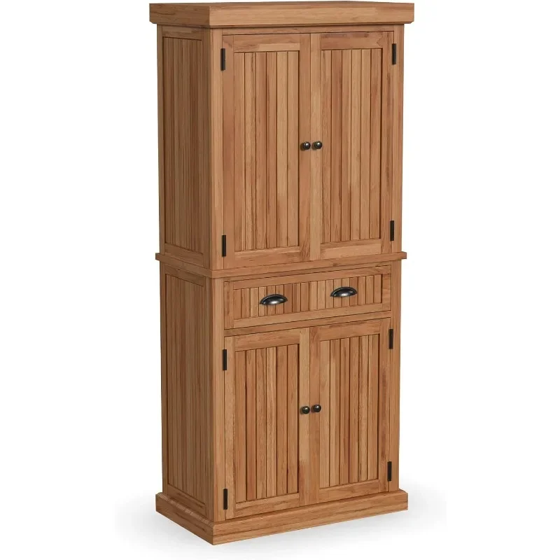 Nantucket Storage Cabinet Kitchen Pantry with Drawers and Adjustable Shelves, 71.5 Inch Height, Brown Maple Finish