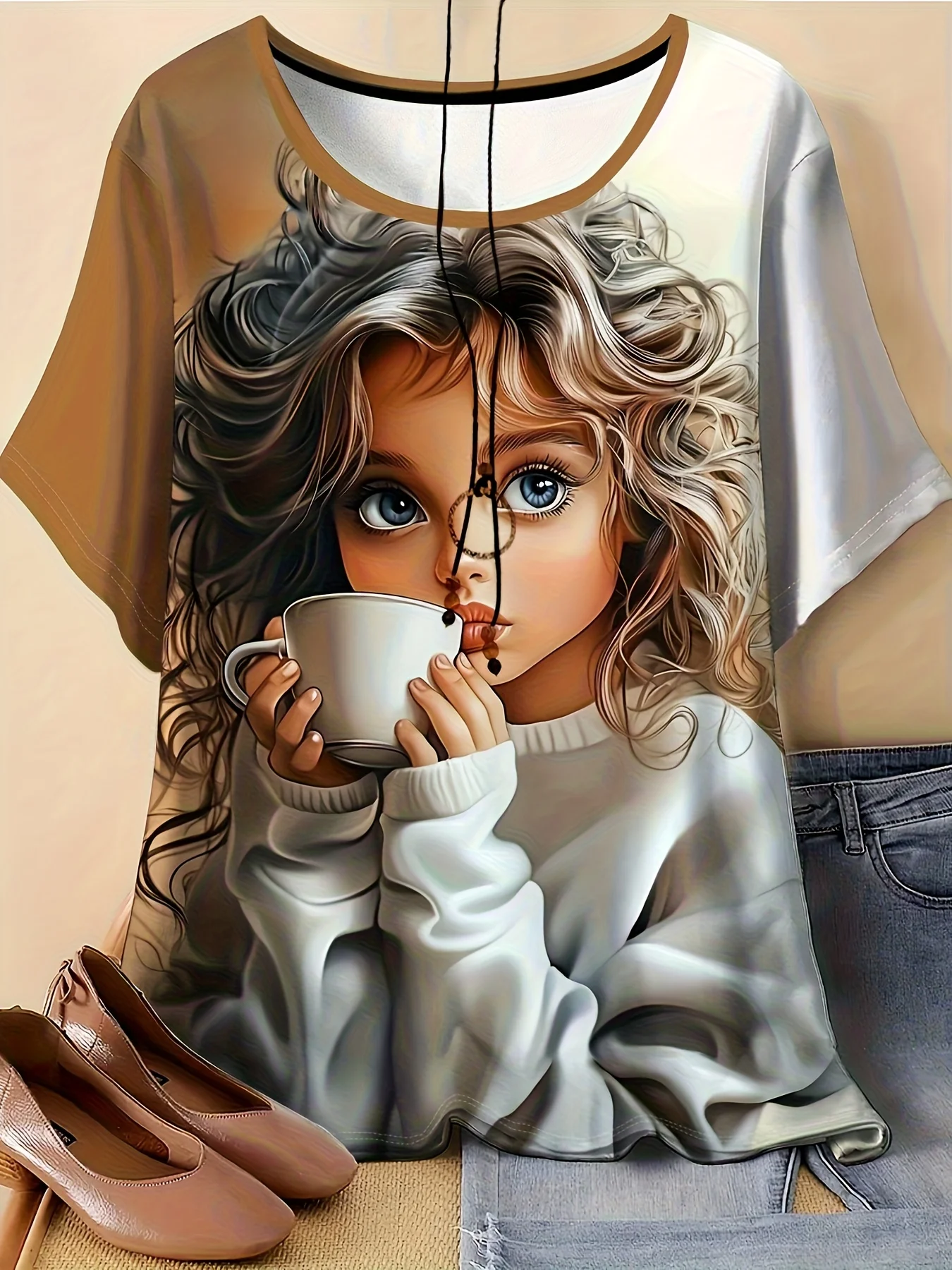 Women Crew Neck Short Sleeve T‑Shirt, Art Portrait Curly Hair Girl Drinking Coffee Warm Vintage Graphic Tee
