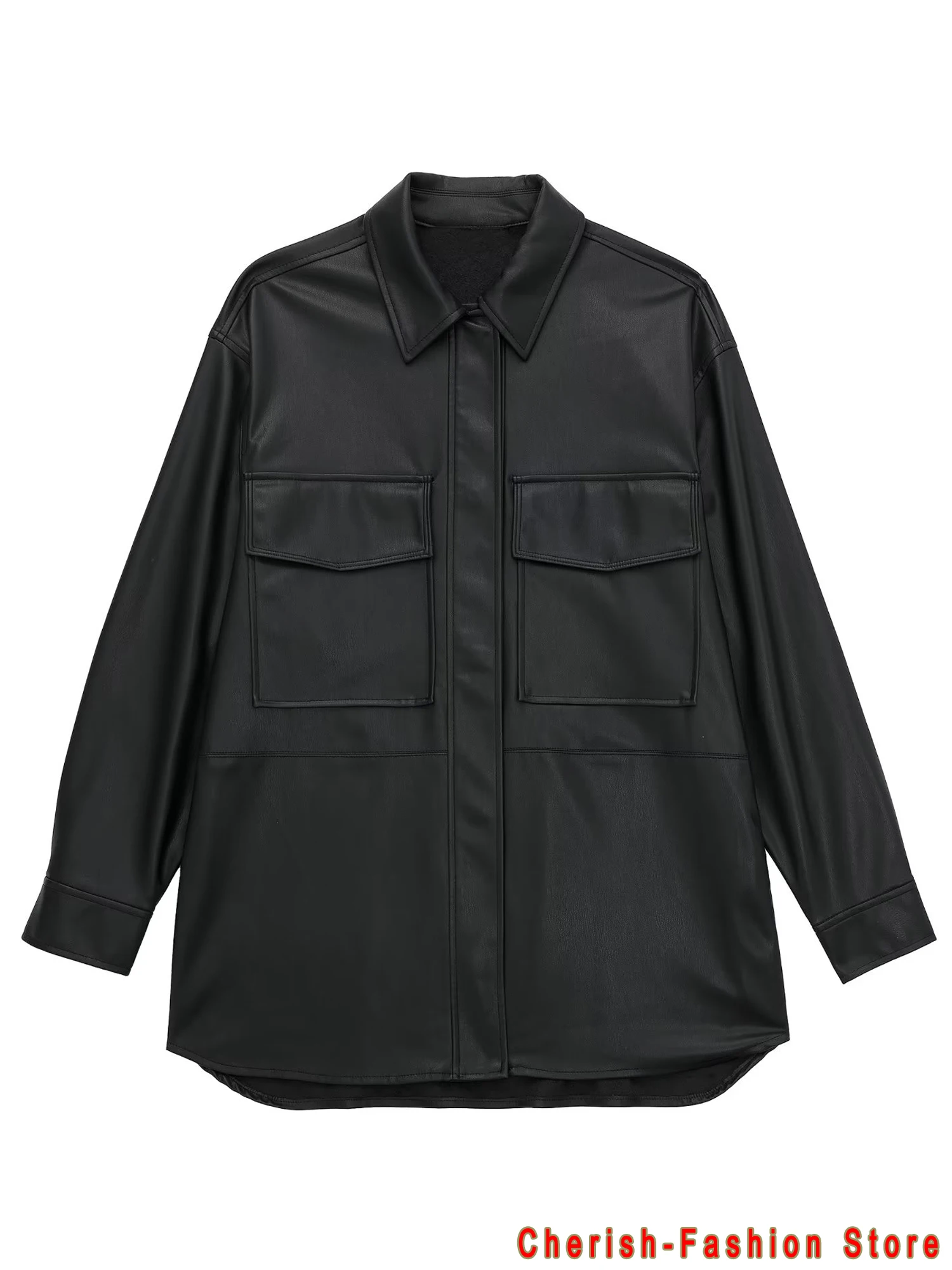 New chic Women oversized PU leather blouses 2023 Spring Autumn Black Faux Leather Basic Coat Turn-down Collar Motor Biker Jacket