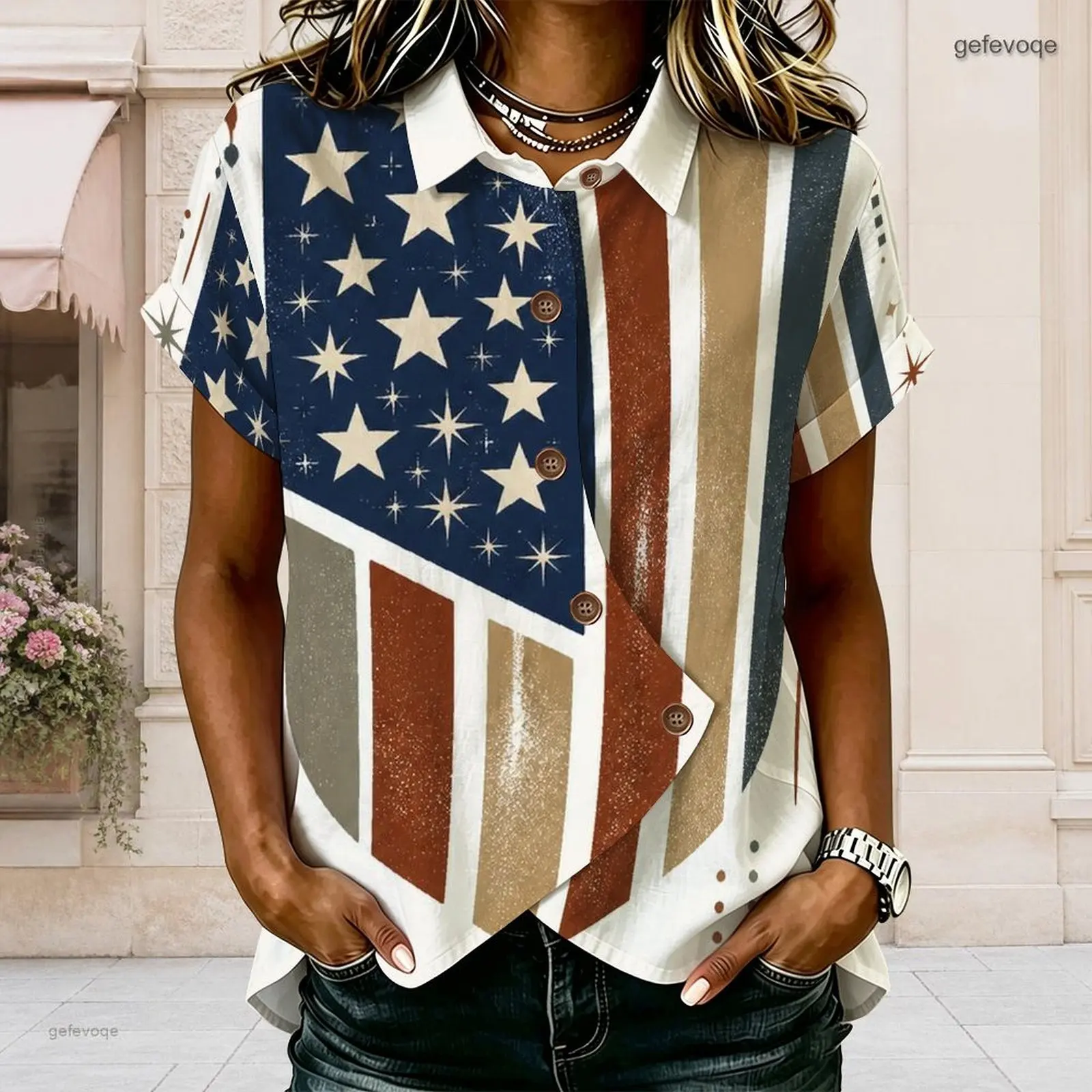 Women Printed Shirt Collared Neck Short Sleeve Button Front Cross Hem