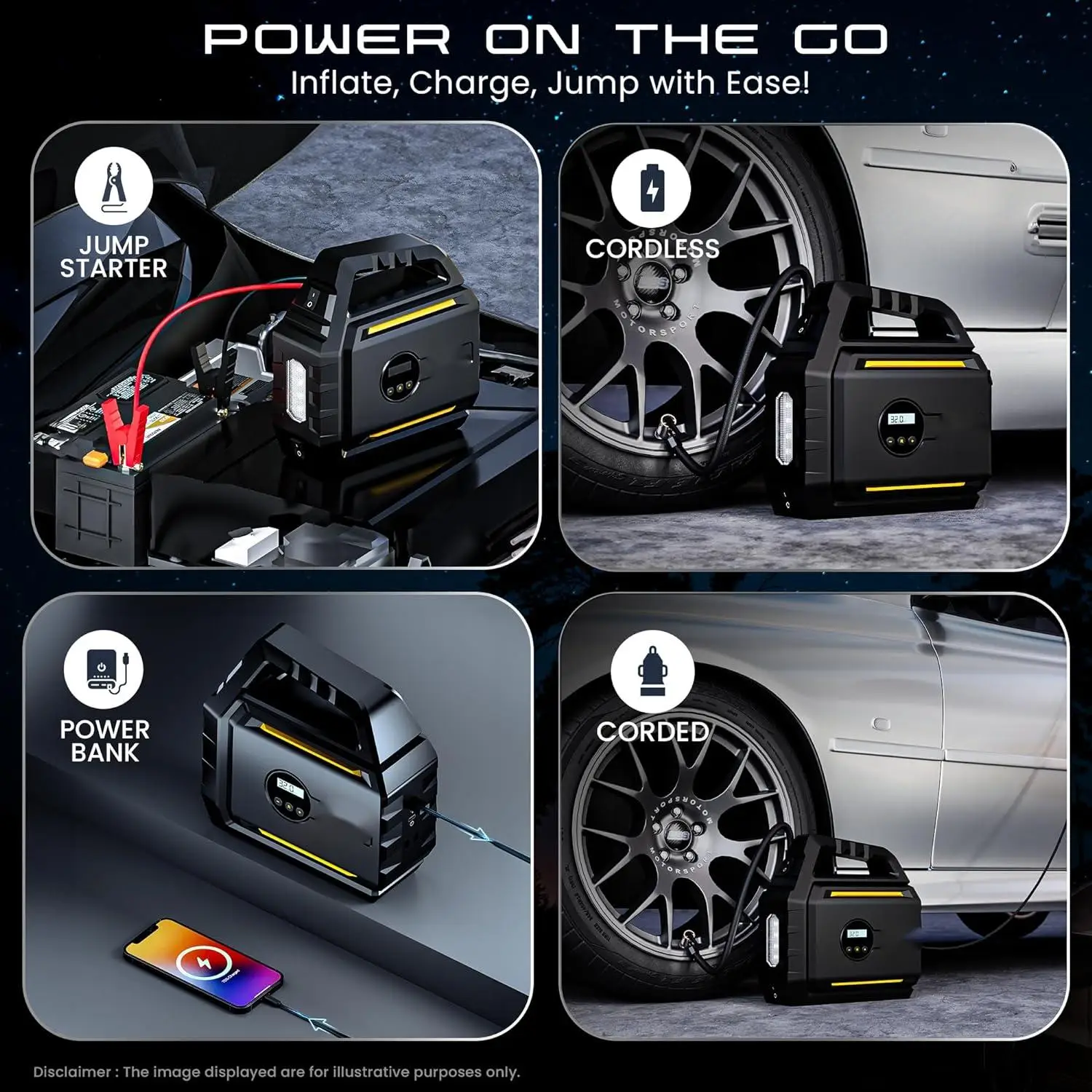 HF5501 Jump Starter z pompką do opon Przenośny wyświetlacz LCD Sprężarka powietrza Power Bank Inflator samochodowy z podświetlaną diodą LED