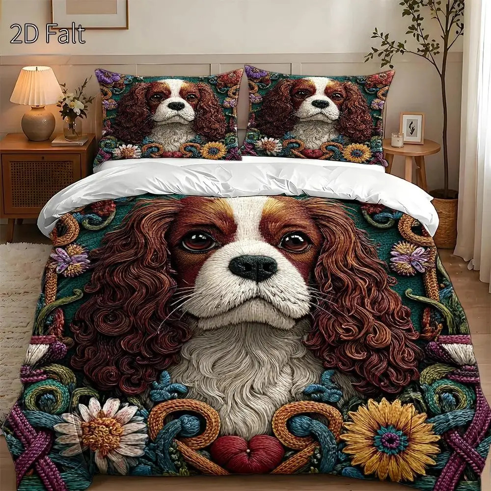 3-Piece Quilt Cover Set, 1 Quilt Cover + 2 Pillowcases (Without Filling) 2D Flat Printing, Three-Piece Quilt Cover Set, Dog-Themed Pattern, Embroidered Style, No Specific Holiday Theme, Suitable for All Seasons, Machine Washable, Invisible Zipper, Large Quilt Cover Set, Bedding Set, Skin-Friendly and Breathable, Soft and Comfortable, Does Not Fade or Pill, Suitable for Home/Dormitory