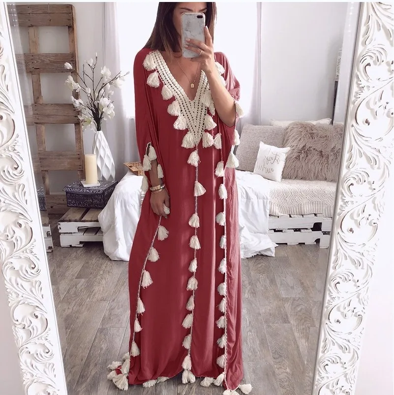 Women Loose Tassel Ruffer Long Dress Elegants Caual Short Sleeve Beach Dress Spring Summer Spring Muslim Moroccan Kaftan Dress