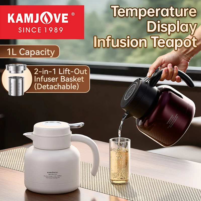 Pote de infusão de parede dupla com display de temperatura KAMJOVE, pote térmico mecânico com sensor de temperatura em tempo real de 1L 316SUS forro interno