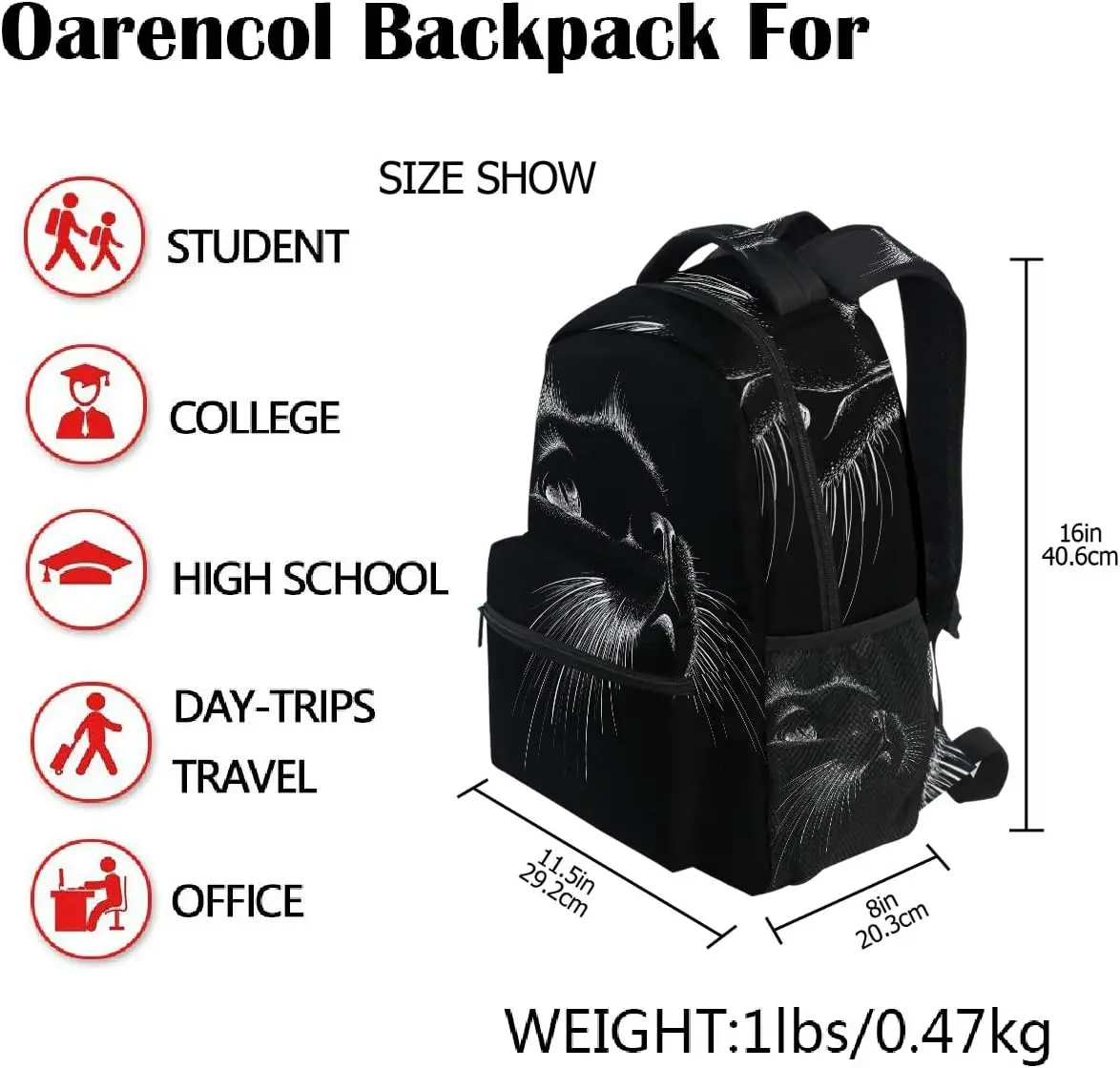 Cute Print Style Cat Black Art Kitten Animal Backpacks Bookbags Daypack Travel School College Bag for Women Girls Men Boys