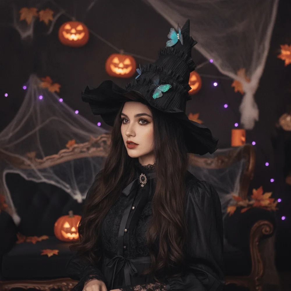 Gothic Halloween Hat Tall Pointed Cone Top Mesh Yarn Women's Wizard Cap Removable Butterfly Hair Clips Ruched Masquerade Cap