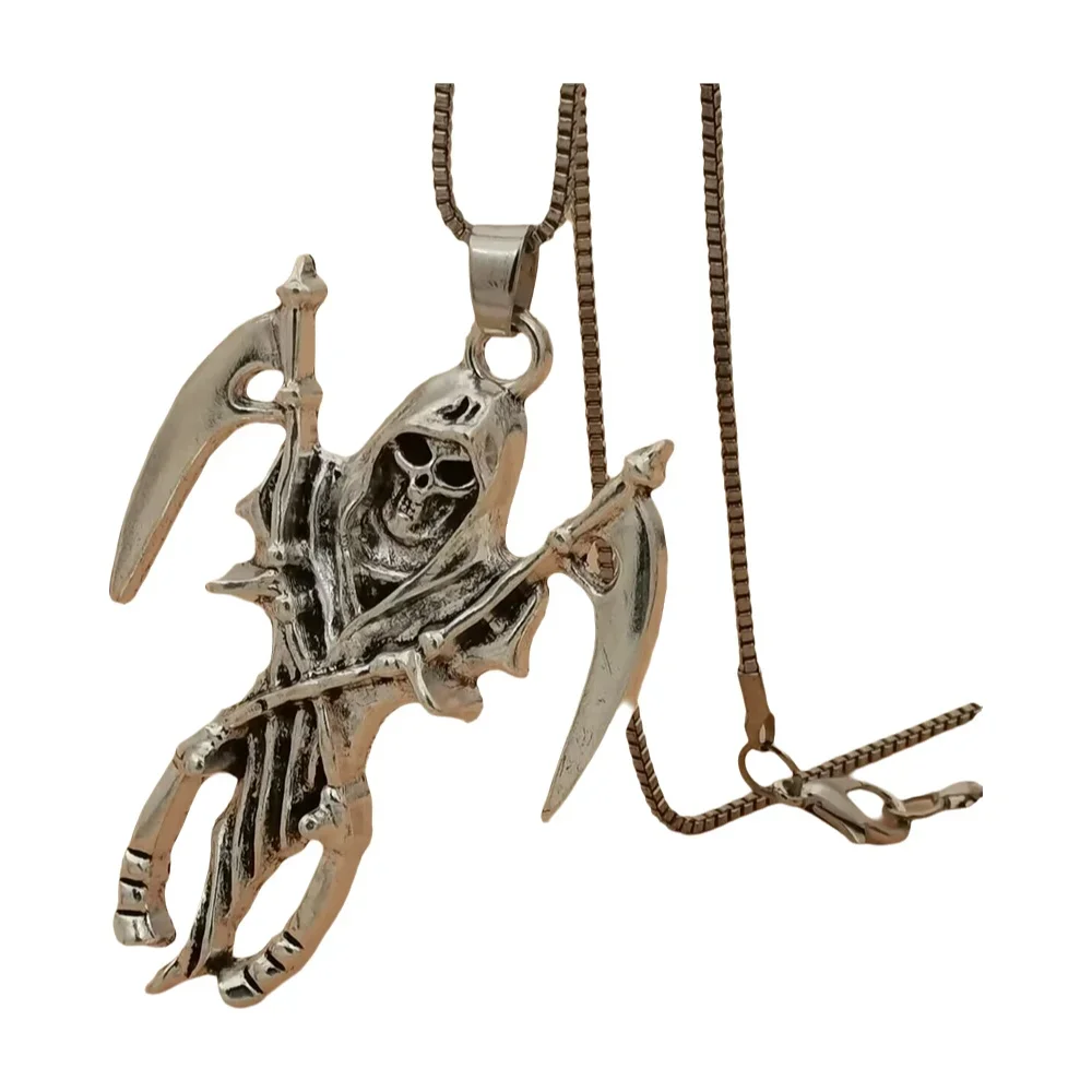 10Pcs Men Gothic Alloy Death Grim Reaper Skull with Scythe Pendant Necklace