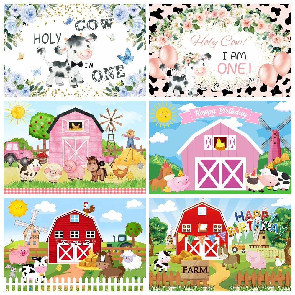 

Cartoon Farm Animals Party Backdrop Windmill Wooden Fence Newborn Baby Birthday Photography Background Decor Photo Studio Props