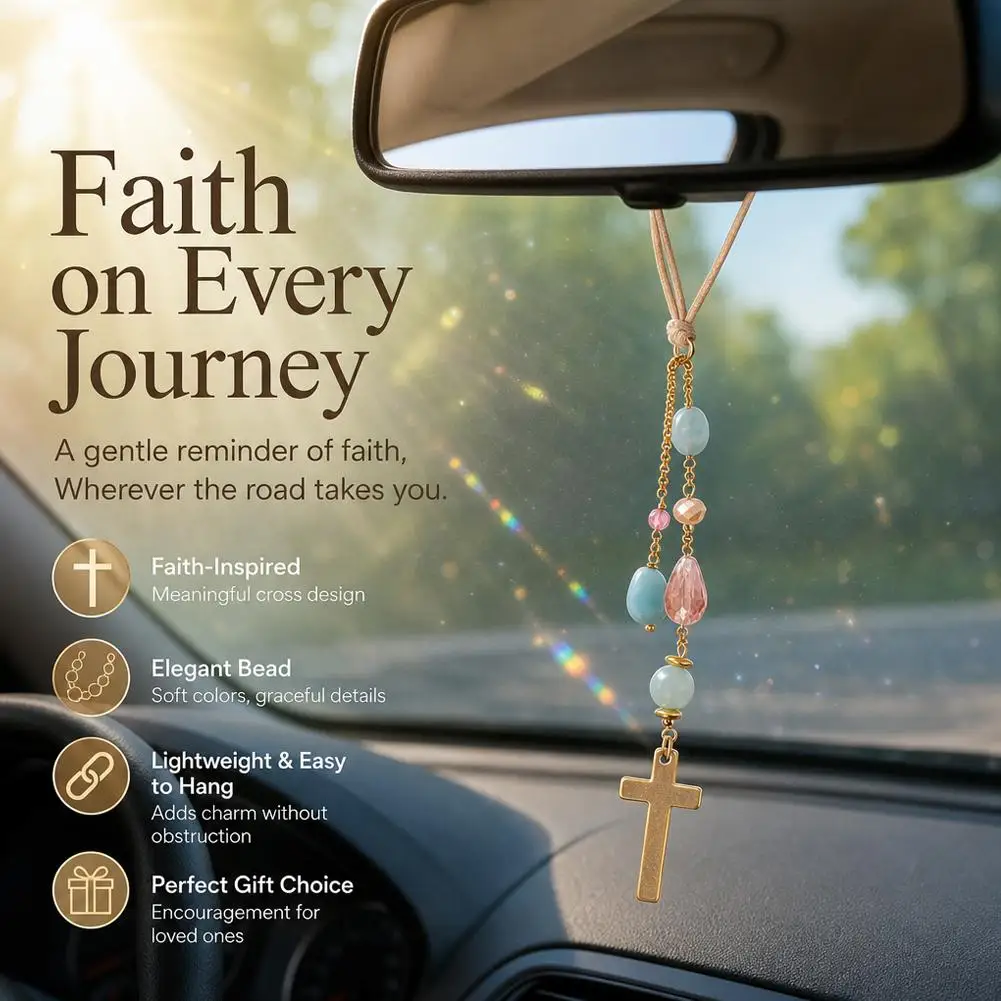 Crystal Cross Car Hanging Ornament  Rose Quartz Pendant, Golden Chain Rearview Mirror Charm for SUV Vehicle Decor