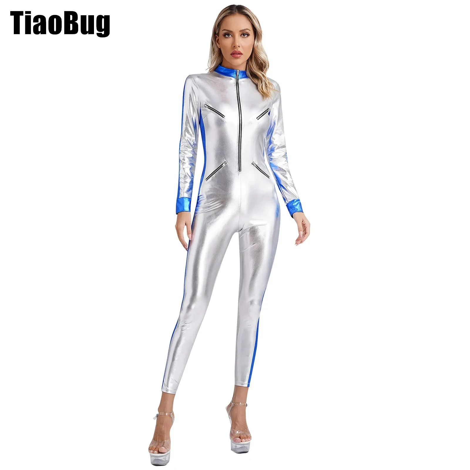 

Womens Galaxy Astronaut Outfit Front Zip Unitard Jumpsuit Metallic Shiny Spaceman Rompers Catsuit for Halloween Cosplay Costumes