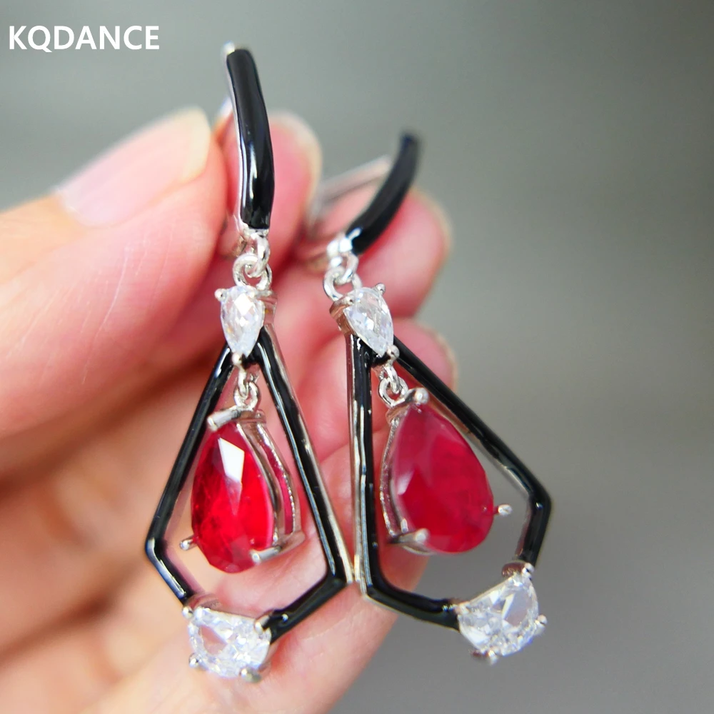 

KQDANCE Hand Craft 925 Sterling Silver With Black Enamel Lab Sapphire Blue Ruby Red Stones Tear Drop Earrings Clips Fine Jewelry