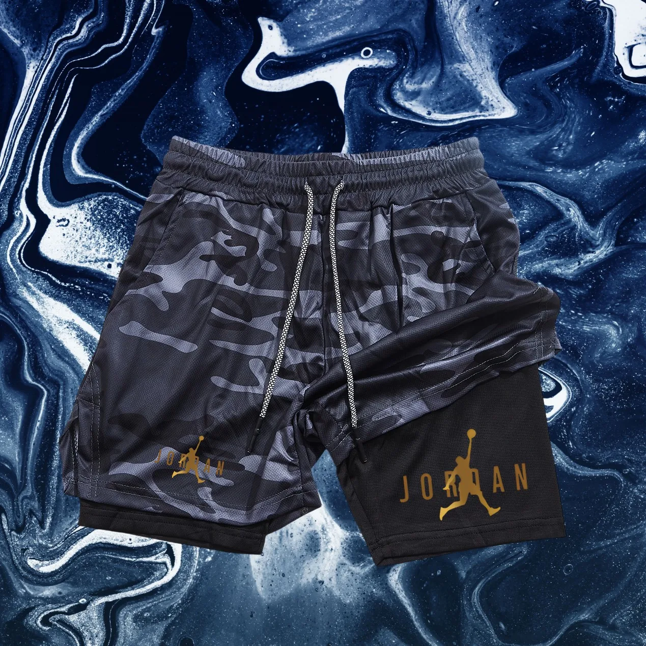 Short de sport 2 en 1 pour hommes, imprimé croisé, doublé de compression, short de sport, sac pour téléphone, housse de serviette, marche de haute qualité