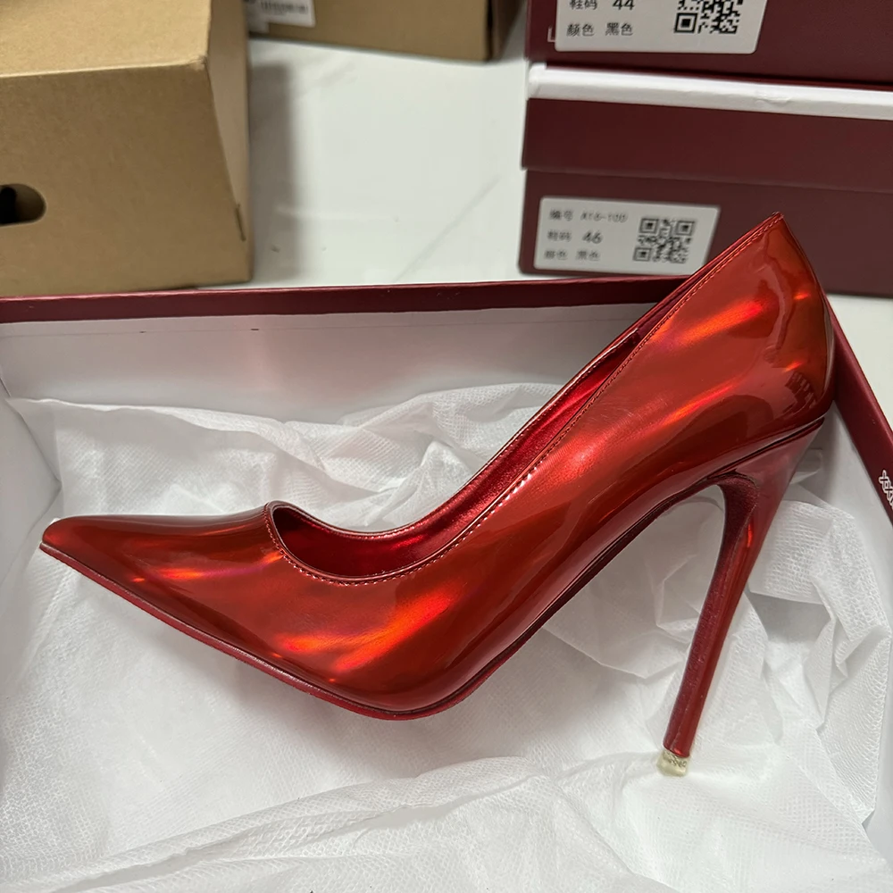 Tikicup Sexy Dunne 12 cm Hoge Hakken Vrouwen Glanzend Rood Patent Puntige Teen Elegante Stiletto Pompen Bruiloft Bruids Feestjurk schoenen