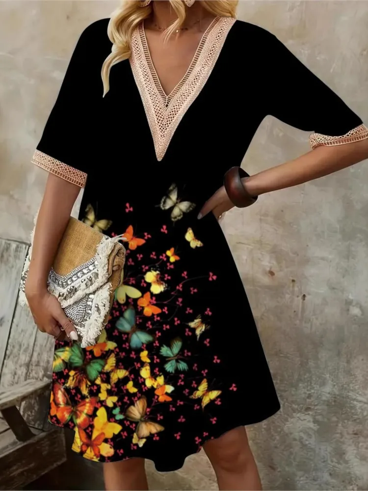 فستان نسائي جديد لربيع وصيف محبوك مطبوع مع دانتيل مثير بياقة على شكل حرف V فضفاض وأكمام قصيرة متوسط الطول #3