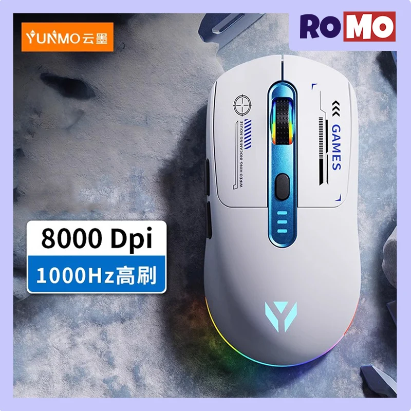 Yunmo SR7 Wireless Bluetooth Three Mode Lightweight Mouse 8000dpi Gaming Mouse Longtime Service Type-C Charging Esport Mouse