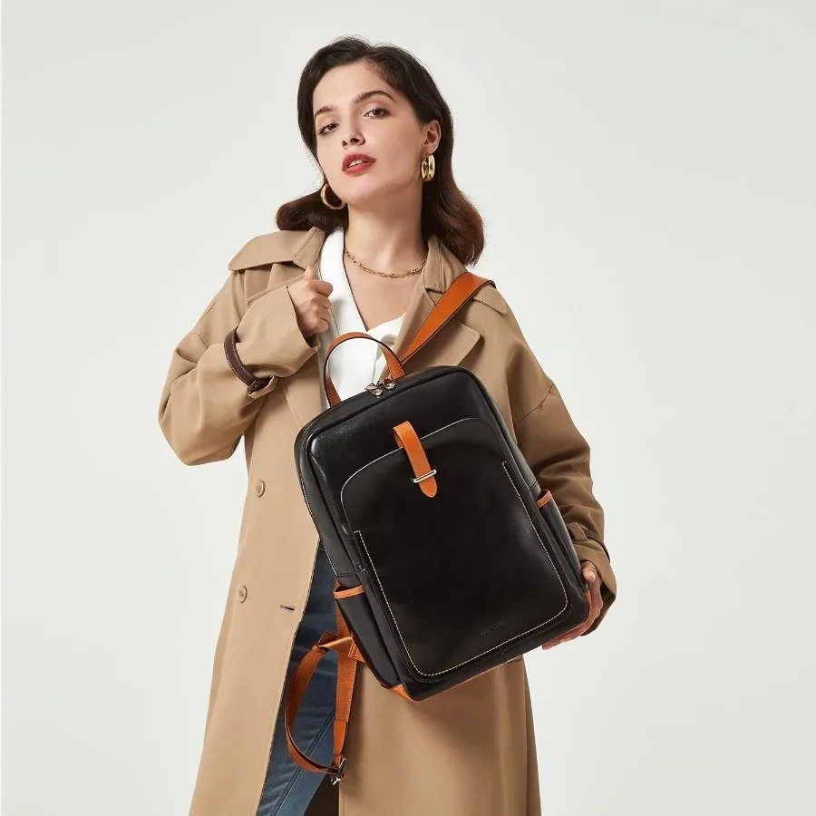 حقيبة ظهر جلدية للكمبيوتر المحمول من BOSTANTEN للنساء مقاس 15.6 بوصة حقيبة ظهر للكمبيوتر محفظة للكلية Daypack حقيبة سفر للعمل باللون الأسود والبني #2