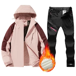 Terno de esqui feminino à prova dwaterproof água snowboard velo jaqueta calças quente inverno casaco de neve montanha blusão com capuz feminino roupas de esqui